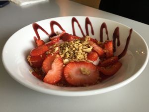 Vegan Makabi with strawberries  at Hummus Bar in Haifa