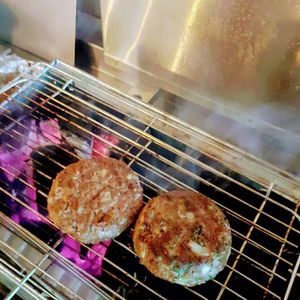 New handmade bar burger on the charchoal grill. at Hummus Bar in Haifa