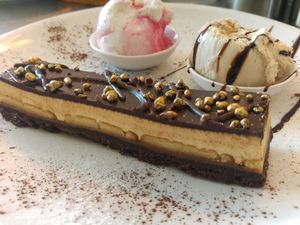 Toffee crunch dessert at Hummus Bar in Haifa