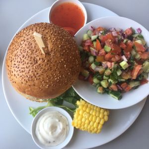 Beyond burger and side salad  at Hummus Bar in Haifa