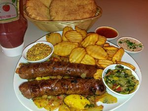 Vegan chorizos at Hummus Bar in Haifa