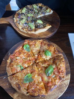 Avo and mushroom pizza (top) and margarita pizza   at Spagalimis - Central in Christchurch