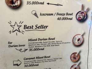 Goodies in the durian bowl (she omits condensed milk for vegans)  at Little Bowl in Hanoi