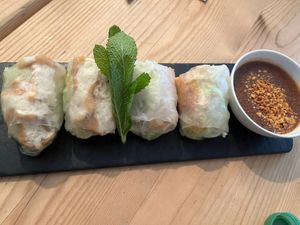 spring rolls with peanut sauce   at Banh Mi Bay in London