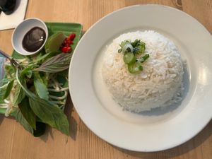 rice and toppings for pho  at Banh Mi Bay in London