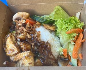 Great Vegan rice box (tofu and mushroom)  at Banh Mi Bay in London