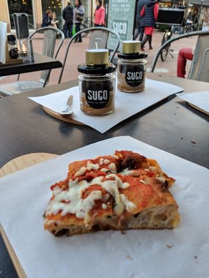 Margherita pizza and chocolate caramel pots  at Sugo Pizza Al Taglio in Eindhoven