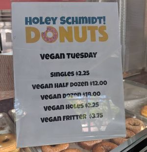 Pricing for Vegan Tuesdays at Holey Schmidt Donuts in Reno