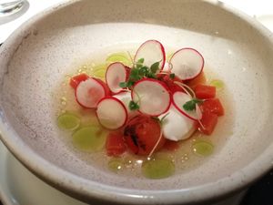 Soup with whipped cream cheese (vegan l at The White Peacock in Leicester