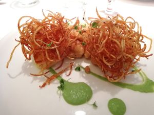 Battered tofu and curly potatoes at The White Peacock in Leicester
