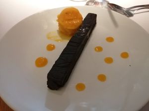 Chocolate brownie and mango sorbet at The White Peacock in Leicester