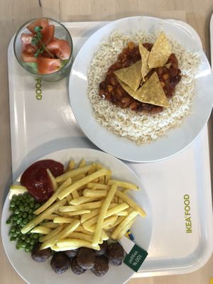 ikeas special vegan chili sin carne and the plantballs with fries  at IKEA in Lyssach