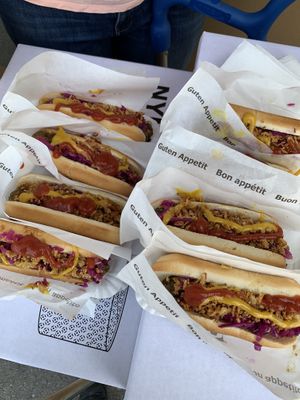 Veggie hotdogs with fried onions and red cabbage. at IKEA in Lyssach