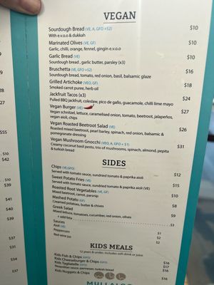 Vegan Menu as of October 2024  at Mullaloo Beach Hotel in Mullaloo