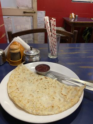 Vegan crepe with strawberry jam  at Brown Bread Bakery in Varanasi