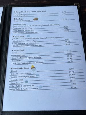 Menu (beware that the vegan steak is made with eggs as standard)   at Gecko in Muang Ngoy