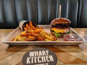 Auburger with beyond meat patty and 50/50 fries at The Vurger Co - Canary Wharf in East London