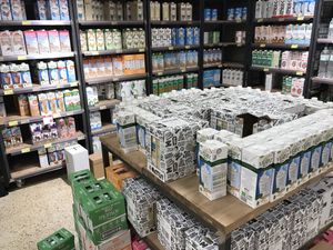 Plant milks  at Organic market in Barcelona