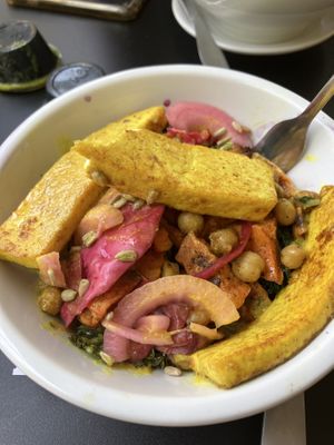 Healthy Grain Bowl with pan seared tofuu  at Green Man Juice Bar and Bistro in Rehoboth Beach