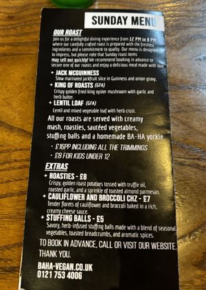 Sunday roast menu   at BA-HA in Birmingham
