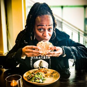 Blogger @superveganalex enjoying our Sweet Jack Burger

Jackfruit and Sweetcorn patty, Homemade slaw, fresh Handcut Chips and salad.  at BA-HA in Birmingham