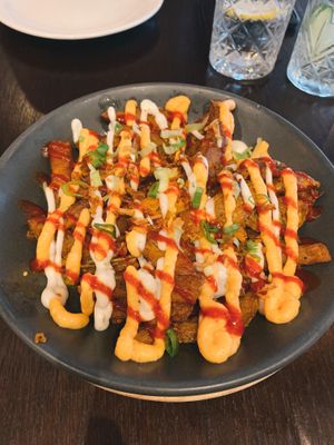 Loaded fries with homemade cheese sauce, mayo and mince  at BA-HA in Birmingham