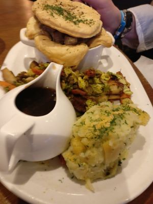 Mushroom pie with sauteed vegetables & root mash. at BA-HA in Birmingham