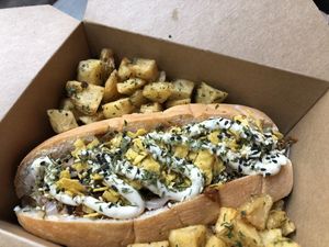 Chilli dog with garlic mayo and potato things that I can’t remember the name of from a different angle  at BA-HA in Birmingham