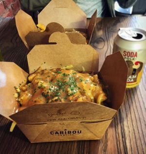 Original vegan poutine (gravy, cheese, chips) at Caribou Poutine in Liverpool