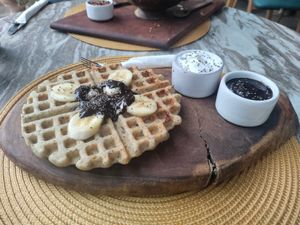 Waffle with notella and a sugary cream at The Vegan Lab in Dahab