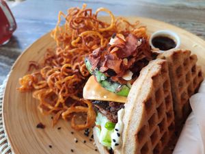 Chick'n and waffles at The Vegan Lab in Dahab
