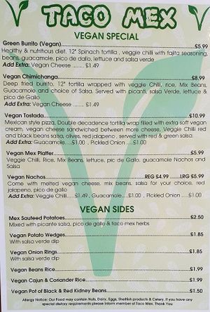 Vegan menu at Taco Mex in Sheffield