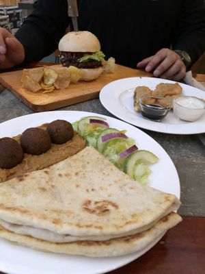 Falafel plate and gochugung burger at Smooth Cafe in Moalboal