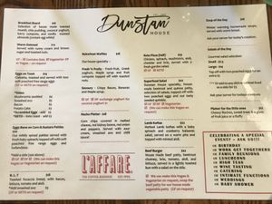 Menu showing vegan options  at Dunstan House and Cafe in Otago