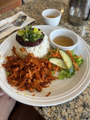 Mock chicken and pork on ricee  at Flower Lantern in Toronto