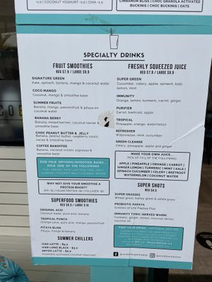 Some of the drinks available  at Coco Bliss in Chermside