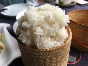 Sticky rice served in bamboo container.  at Muang Ngoy Food in Luang Prabang