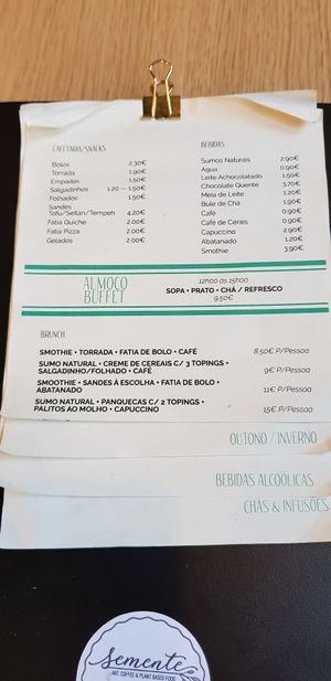 Menu at Semente - Art - Coffee & Plant Based Food in Braga