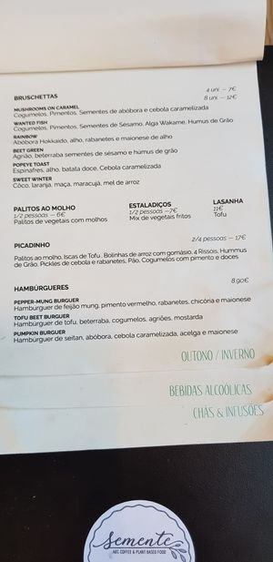 Menu at Semente - Art - Coffee & Plant Based Food in Braga