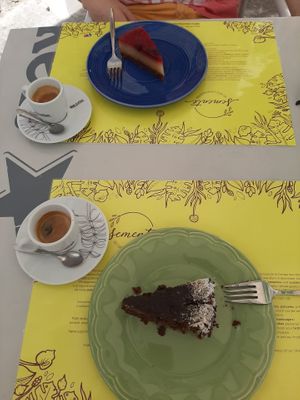Cake and coffee at Semente - Art - Coffee & Plant Based Food in Braga
