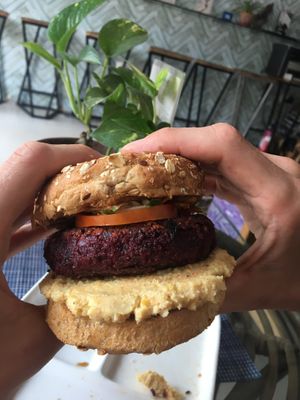 Homemade Quinoa and Beetroot patty  at Travel Yoga Cafe in New Delhi