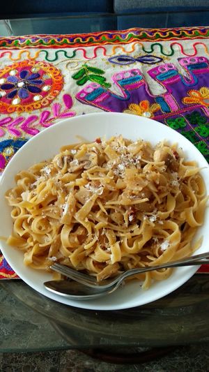 Mushroom Coconut Fettuccine at Travel Yoga Cafe in New Delhi