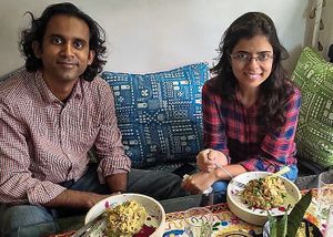 Cashew Cumin Jackfruit with some happy customers at Travel Yoga Cafe in New Delhi