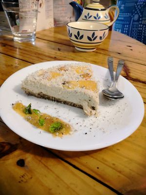 Pineapple vegan cheesecake special at Travel Yoga Cafe in New Delhi