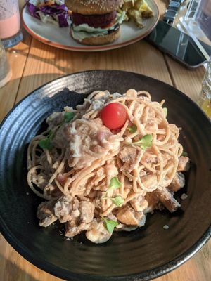 Coconut mushroom pasta at Travel Yoga Cafe in New Delhi