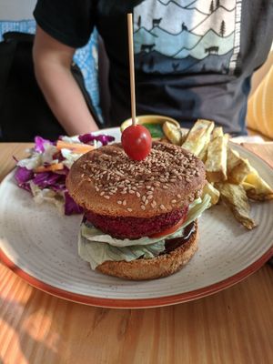 Beetroot burger at Travel Yoga Cafe in New Delhi