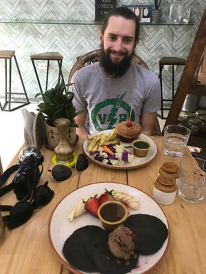 Burger and pancakes at Travel Yoga Cafe in New Delhi