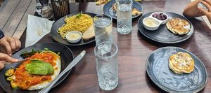 Huevos rancheros for adult, butter spaghetti and CHOC chip pancakes for the little ones at Stella's Bakery in Monteverde