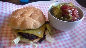Kanban bean and veg burger with cheese, salsa, guacamole, japapenos and nachos at The Blue Bell in Sunderland