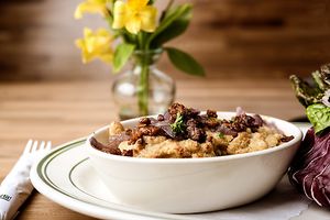 Cheese Spaetzle - German Dumplings, vegan cheese sauce, smoked tempeh bacon, onions at Hinterhof in Los Angeles